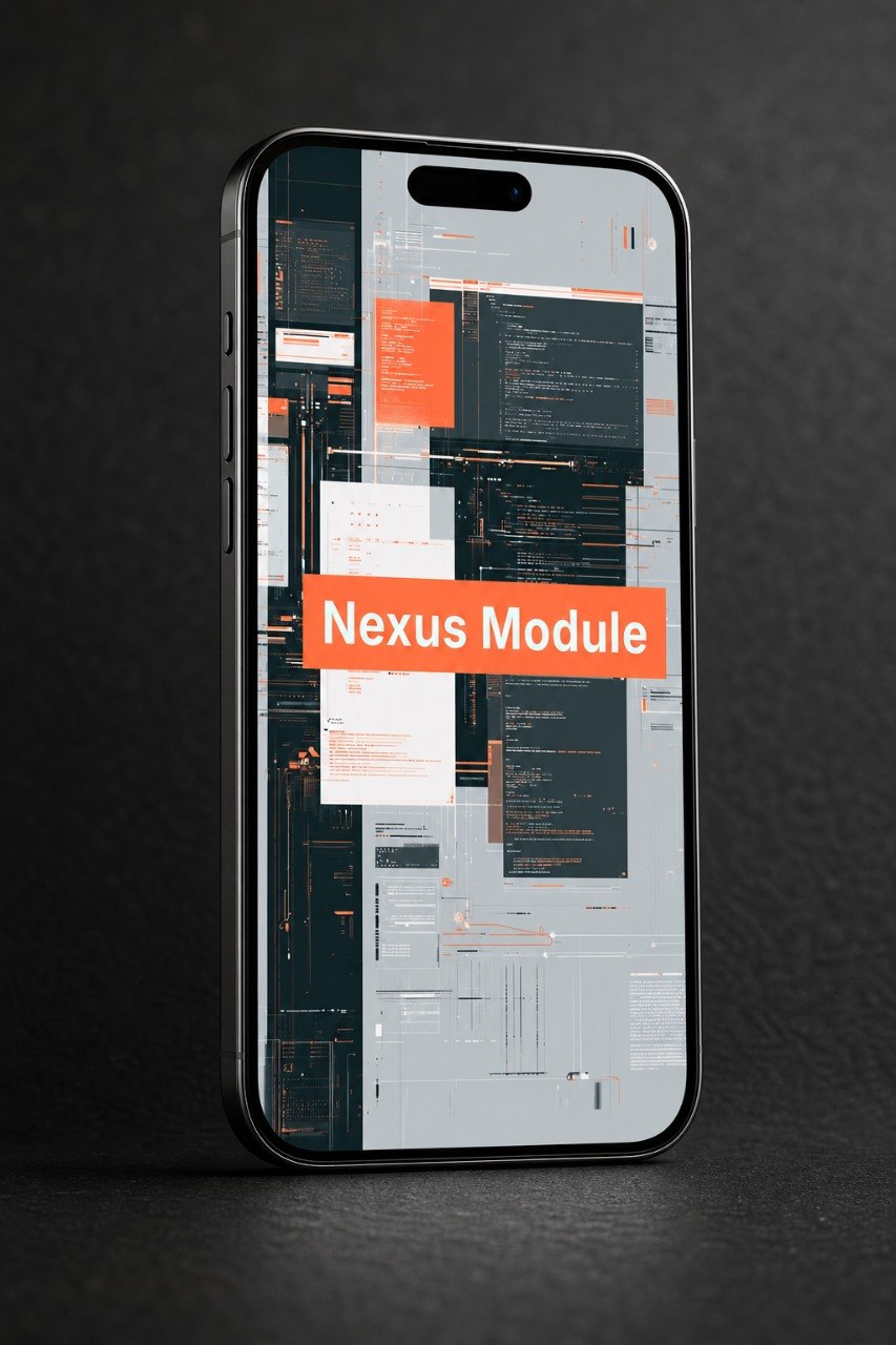 Phone case with 'Nexus Module' text on a dark background