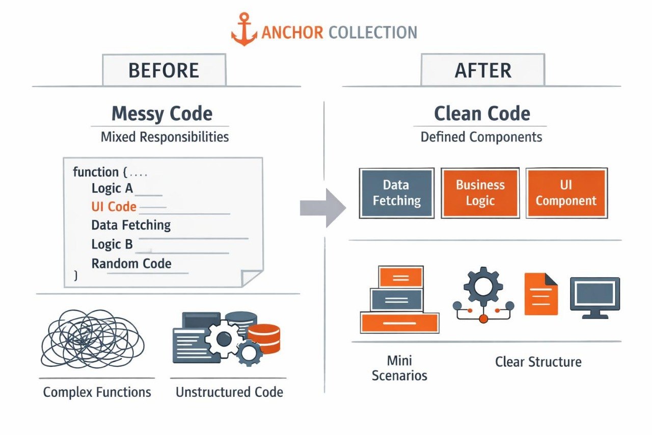 Comparison chart showing 'Before' messy code and 'After' clean code with Anchor Collection branding.