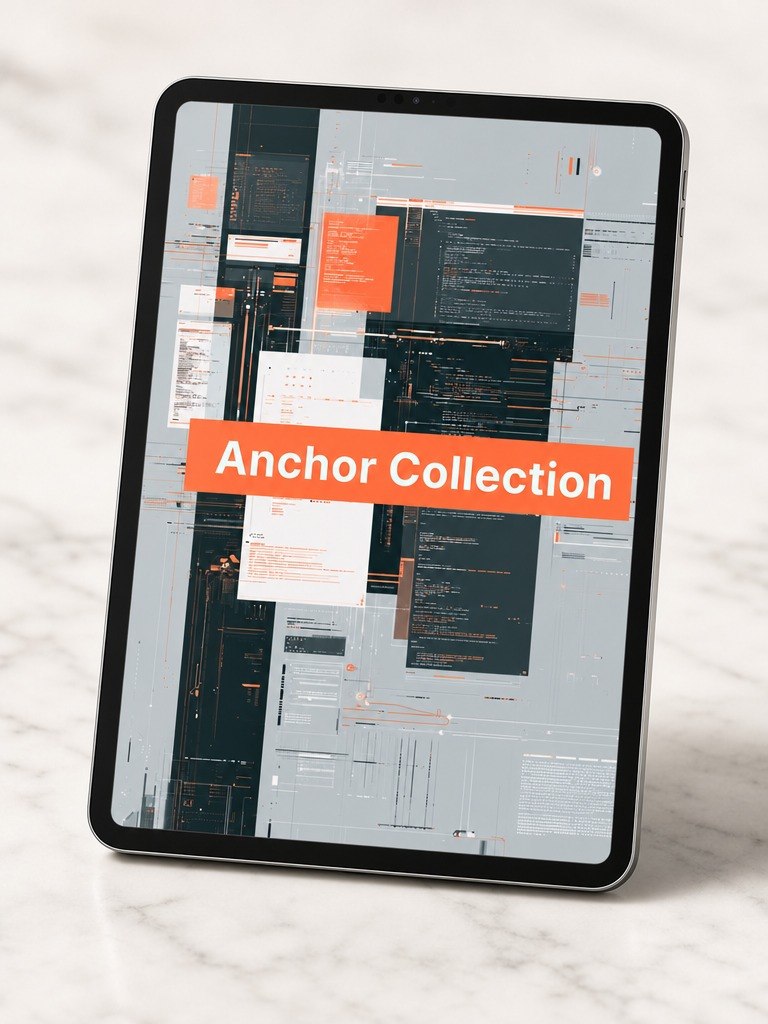 Tablet displaying a digital document with 'Anchor Collection' on a white marble surface