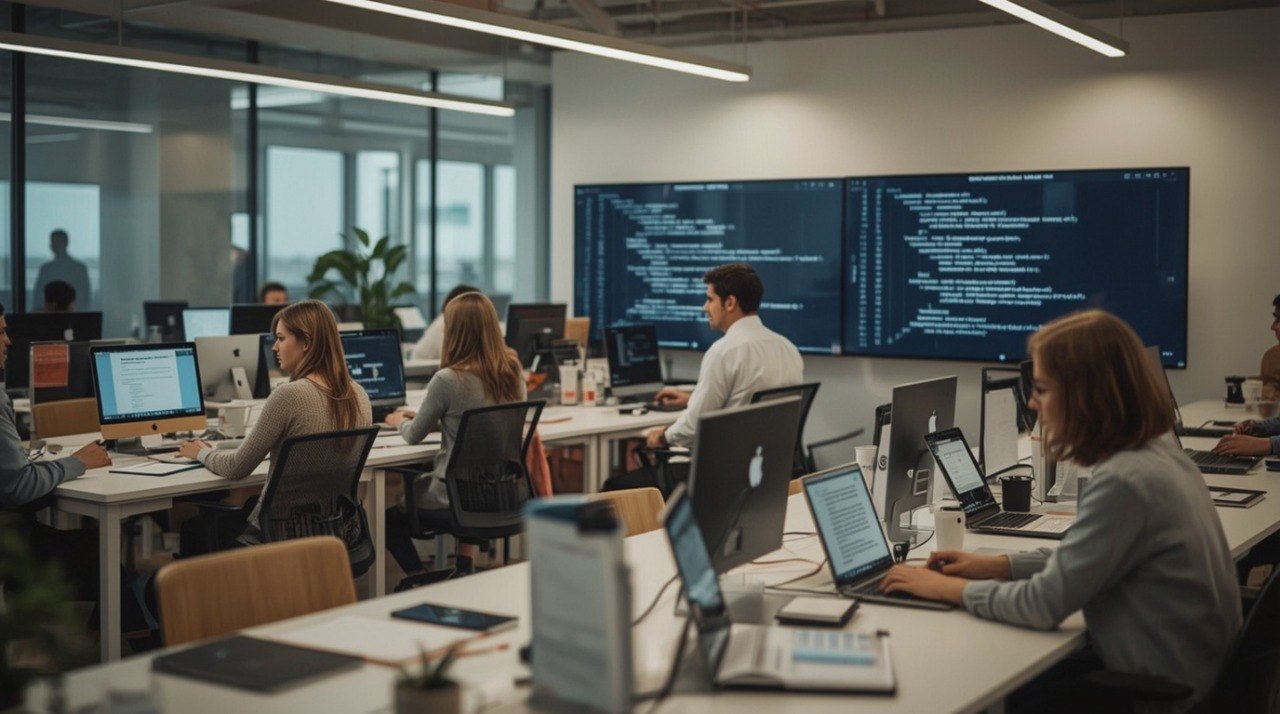 People working at desks with computers in a modern office setting