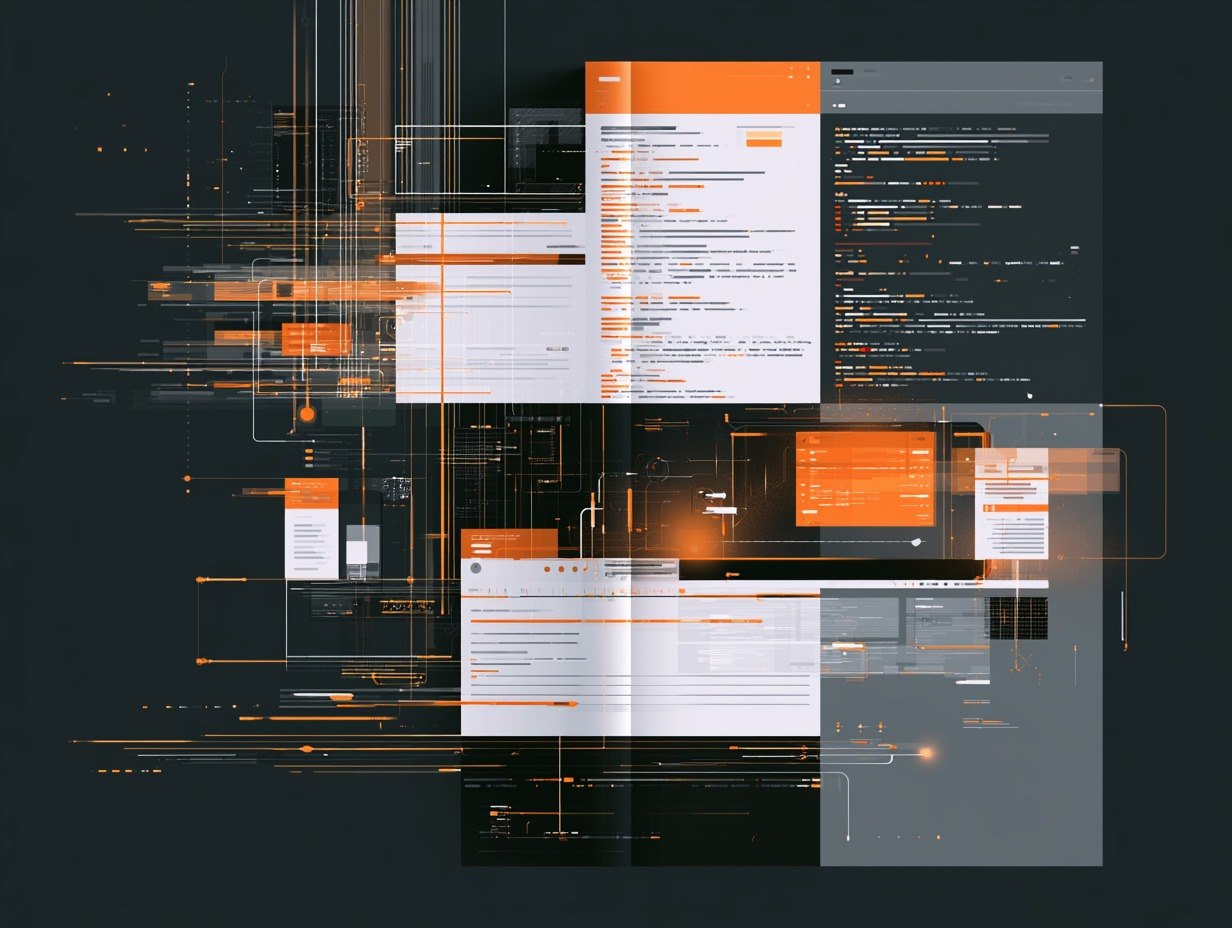 Abstract digital design with text and code on a dark background