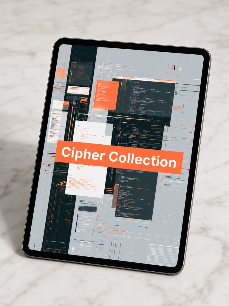 Tablet displaying a digital collage with 'Cipher Collection' text on a marble surface