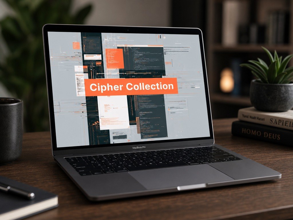 Laptop on a desk with 'Cipher Collection' software open on the screen
