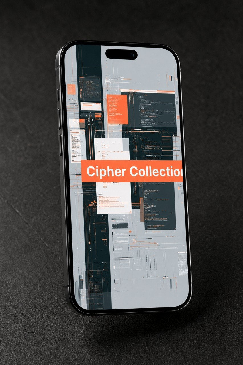 Smartphone displaying a digital interface with 'Cipher Collection' branding on a dark background
