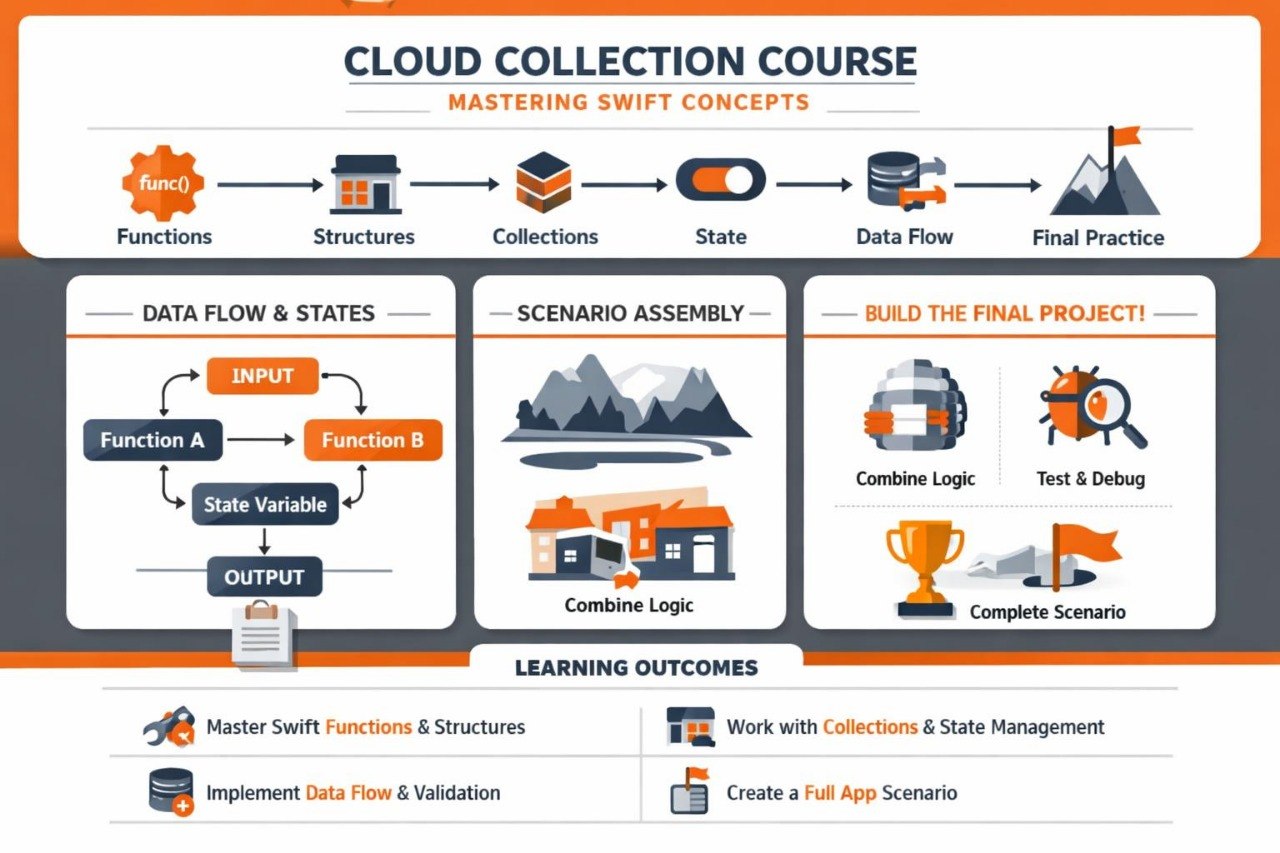 Infographic on cloud collection course mastering Swift concepts with various icons and text.