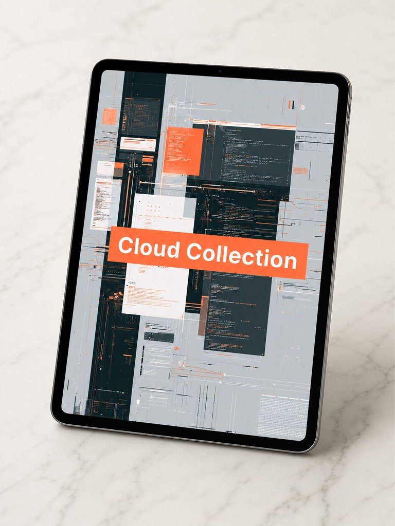 Tablet displaying a digital interface with 'Cloud Collection' text on a light marble background