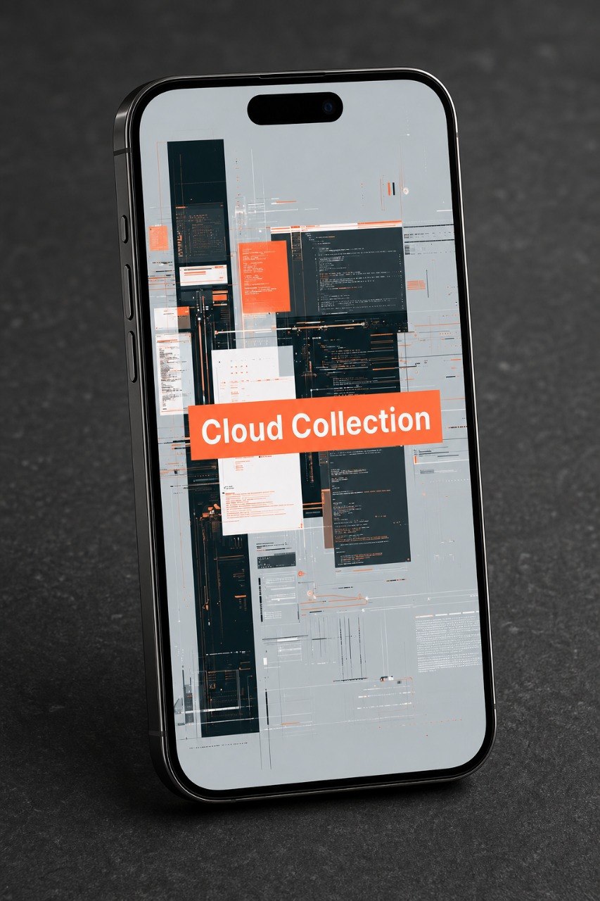 Smartphone displaying a digital interface with 'Cloud Collection' text on a dark background
