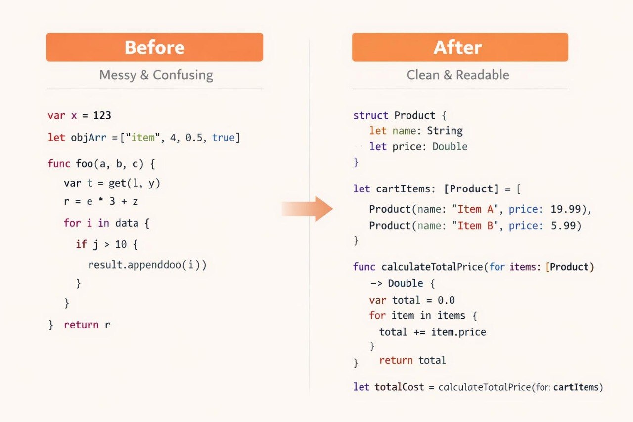 Comparison of messy and confusing code on the left to clean and readable code on the right.