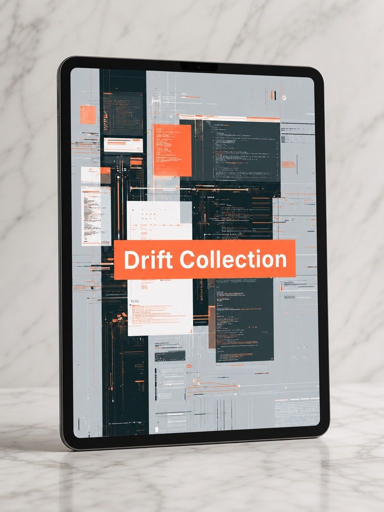 Tablet displaying a digital interface with 'Drift Collection' text on a marble surface