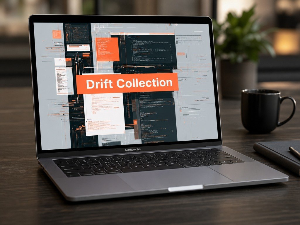 Laptop on a desk with 'Drift Collection' on screen, coffee mug, and pen in background