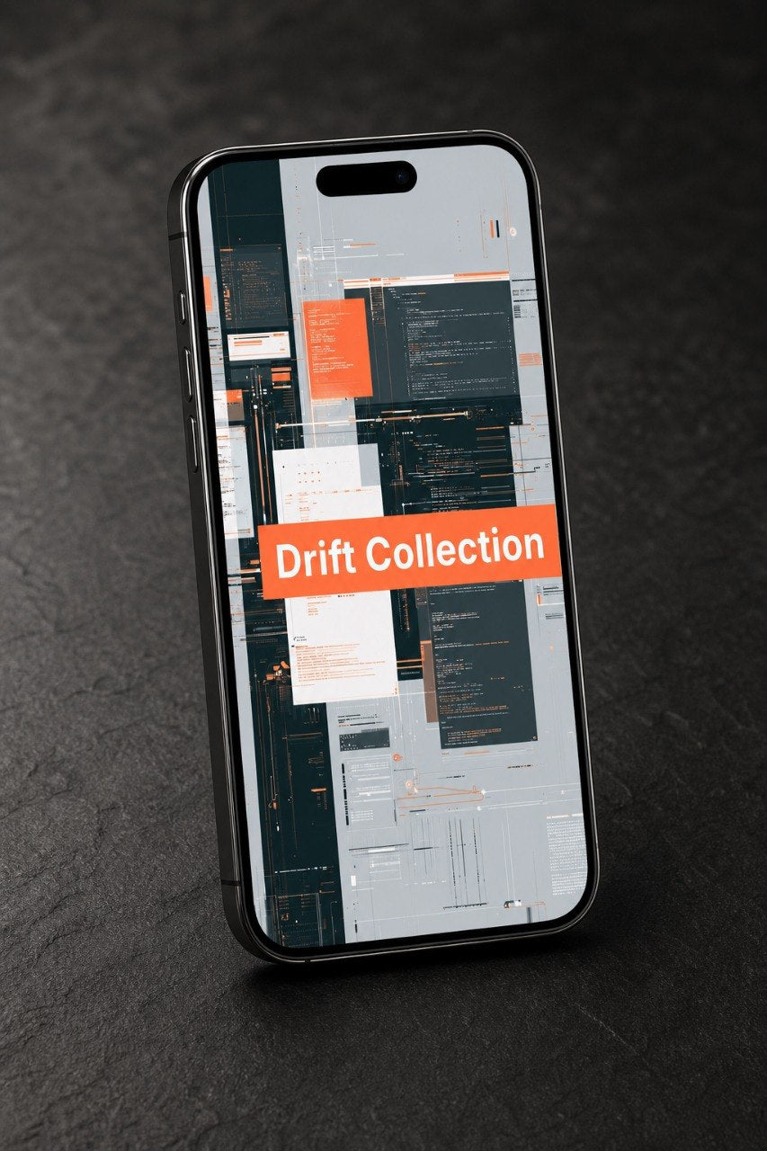 Phone displaying a collage of code snippets with 'Drift Collection' text on a dark background