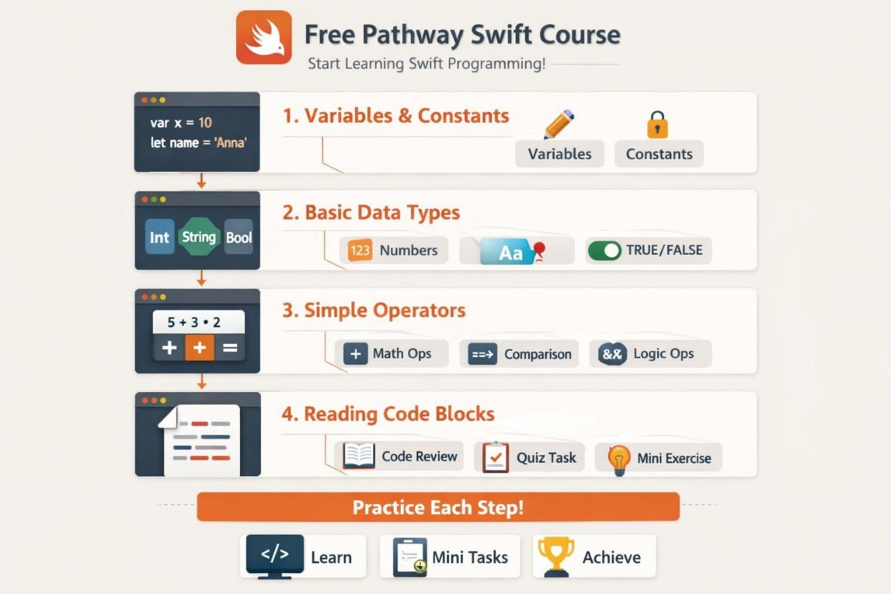 Free Pathway Swift Course for learning Swift programming with step-by-step instructions.