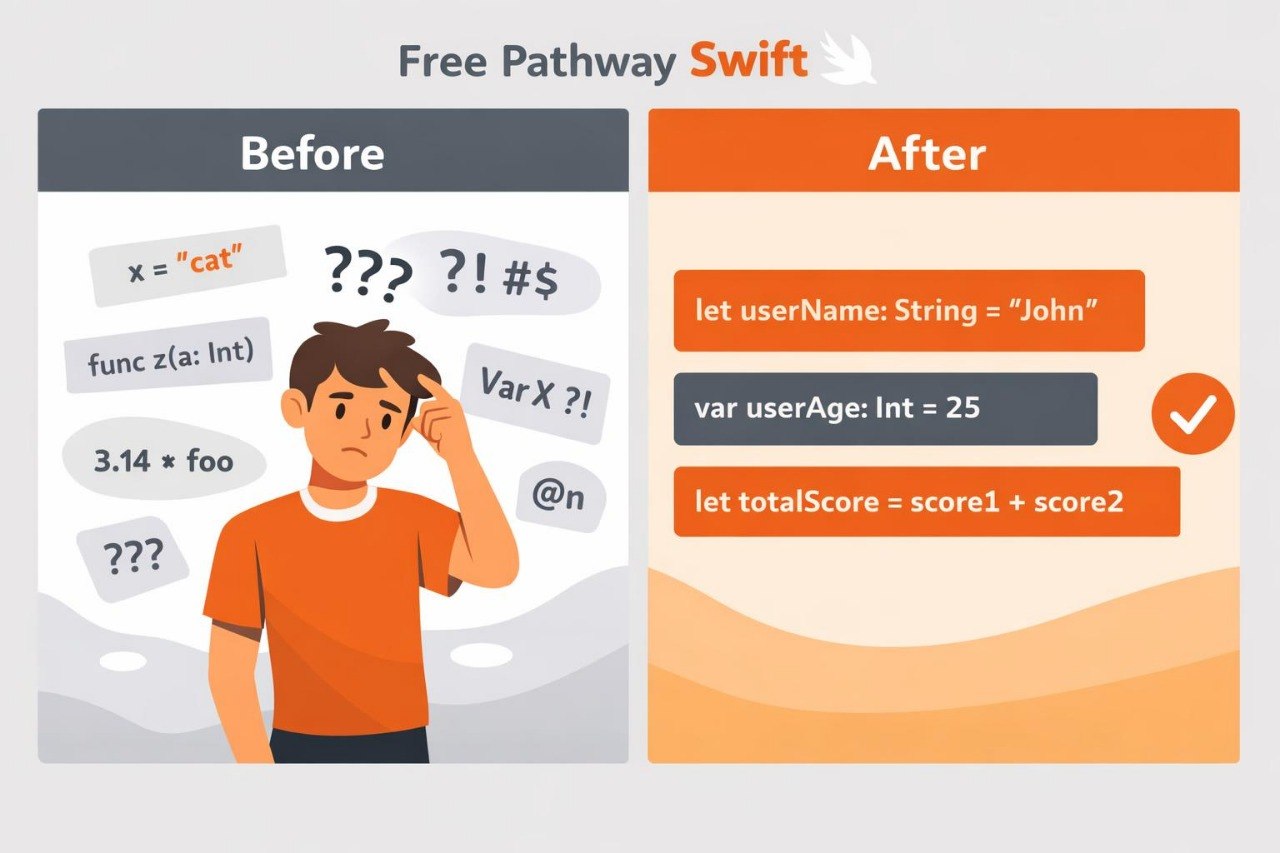 Comparison of code snippets labeled 'Before' and 'After' with a person looking confused on Free Pathway Swift.