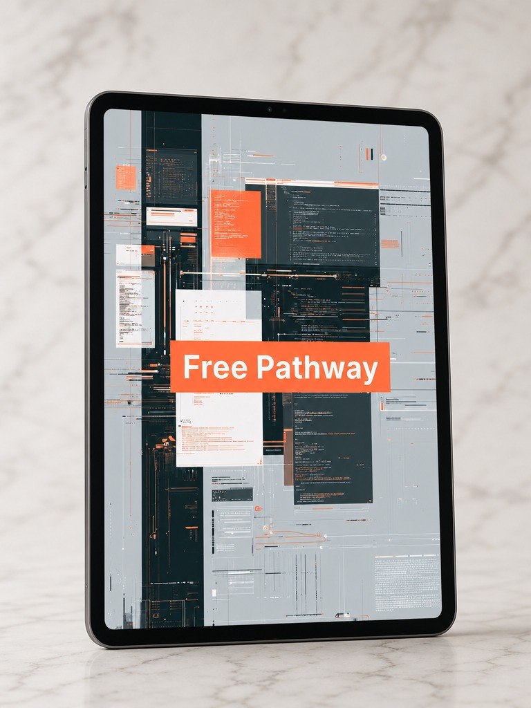 Tablet displaying a digital interface with 'Free Pathway' text on a marble surface