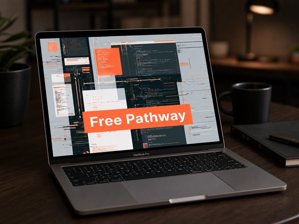Laptop on a desk with a Free Pathway banner on the screen