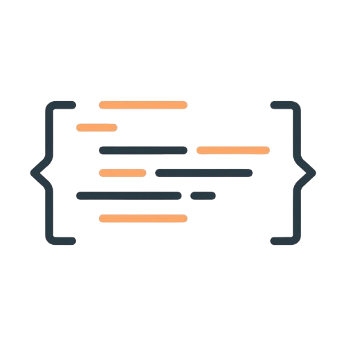 Icon of code brackets with orange and black lines on a white background