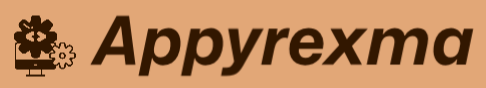 Logo of Appyrexma with a stylized flower and gear on a brown background