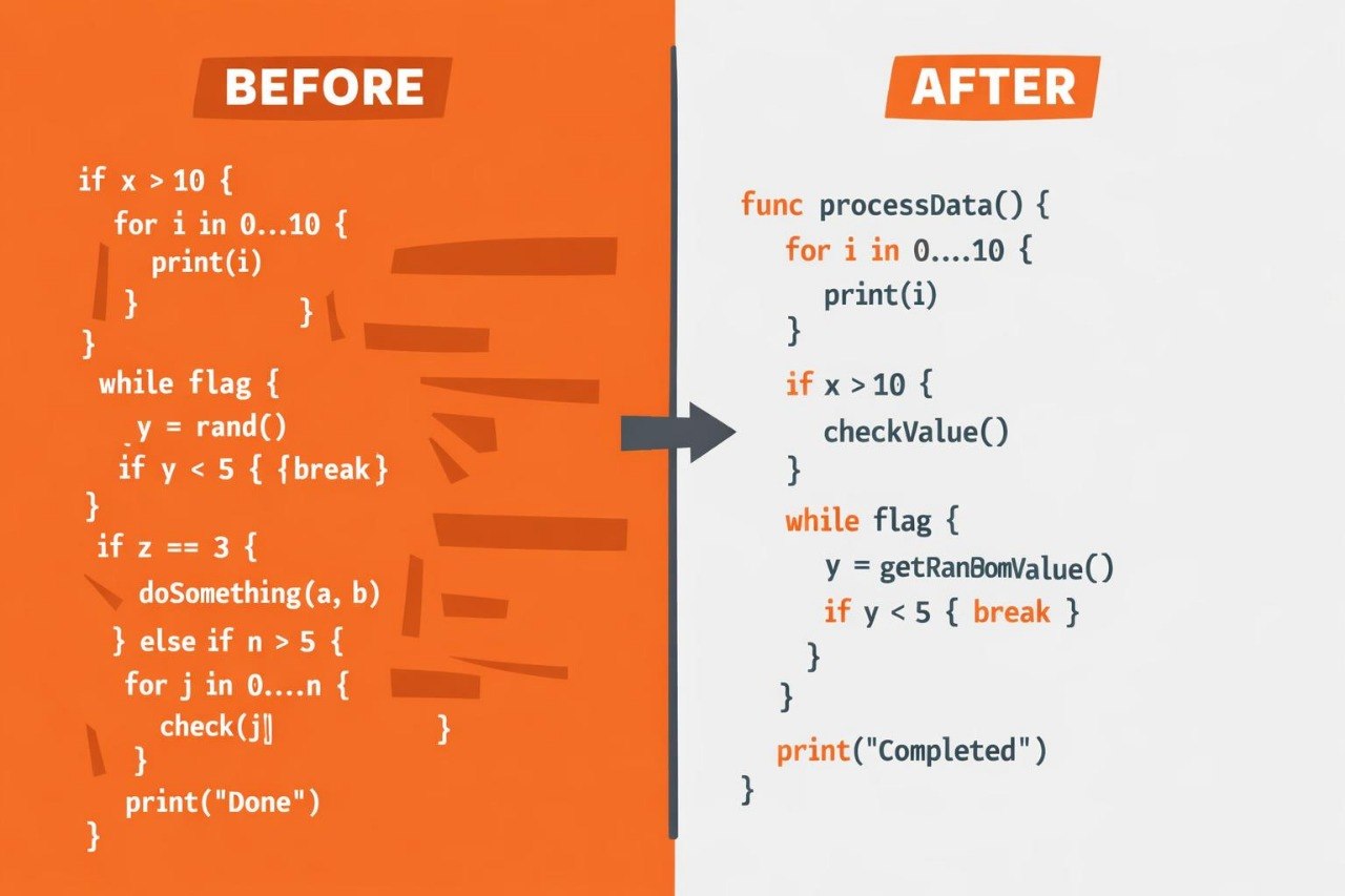 Comparison of code before and after refactoring on an orange and gray background