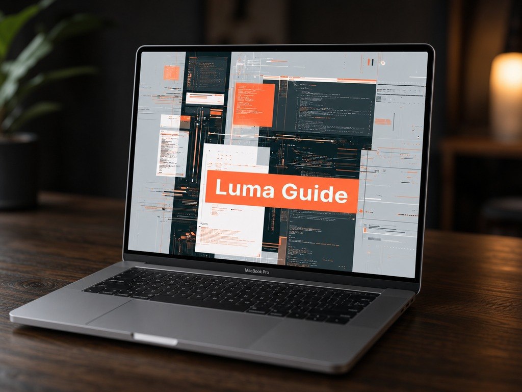 Laptop on a wooden desk displaying the 'Luma Guide' software interface.