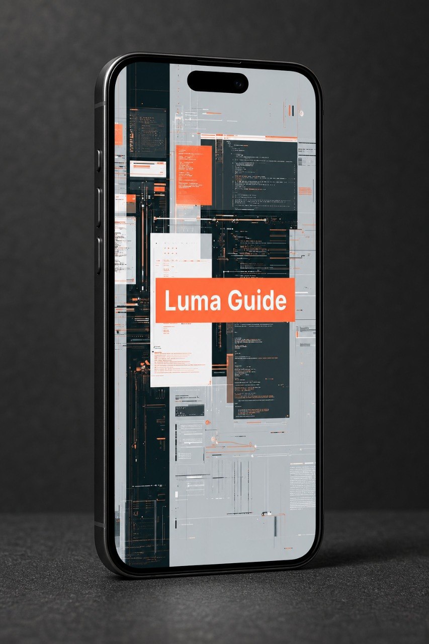 Phone case with Luma Guide branding on a dark background