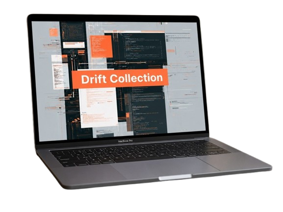 Laptop displaying a software development interface with 'Drift Collection' text on a white background