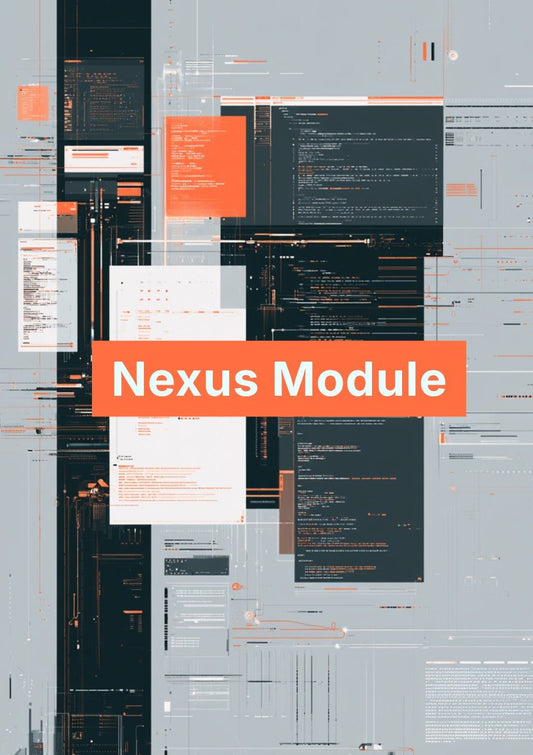 Cover of 'Nexus Module' with technical design elements and text.