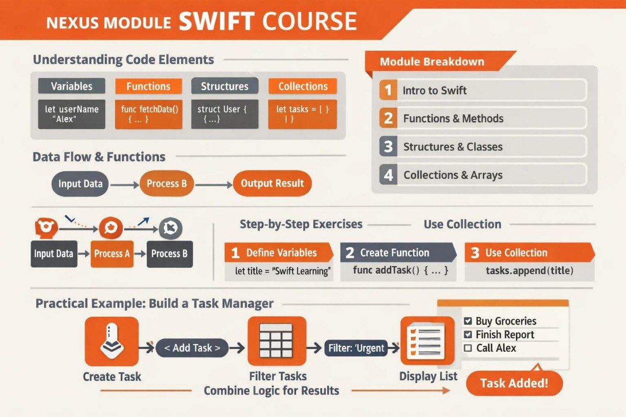 Nexus Module Swift Course outline with module breakdown, code elements, and practical example.