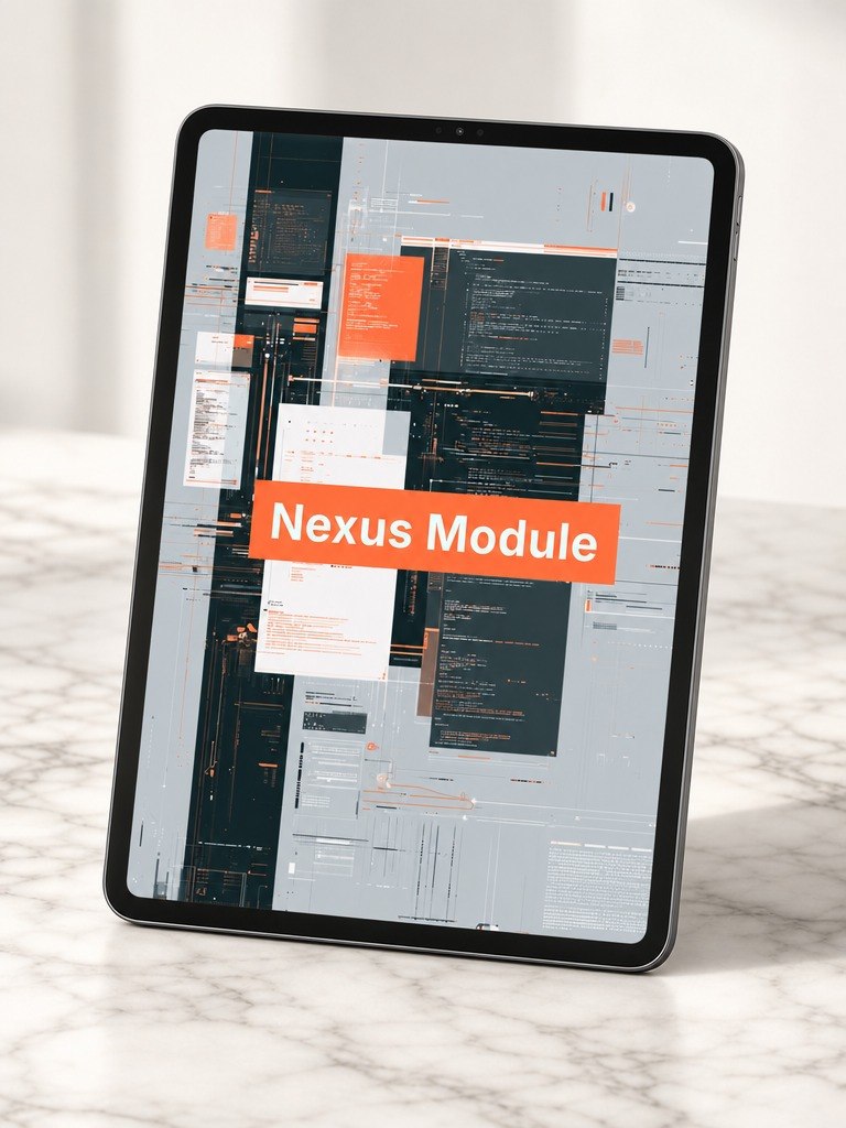 Tablet displaying a Nexus Module software interface on a marble surface