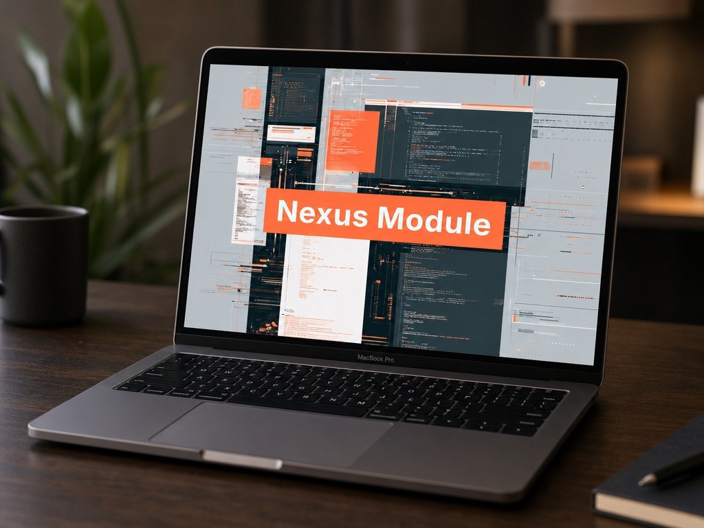 Laptop on a desk with a screen displaying 'Nexus Module' text