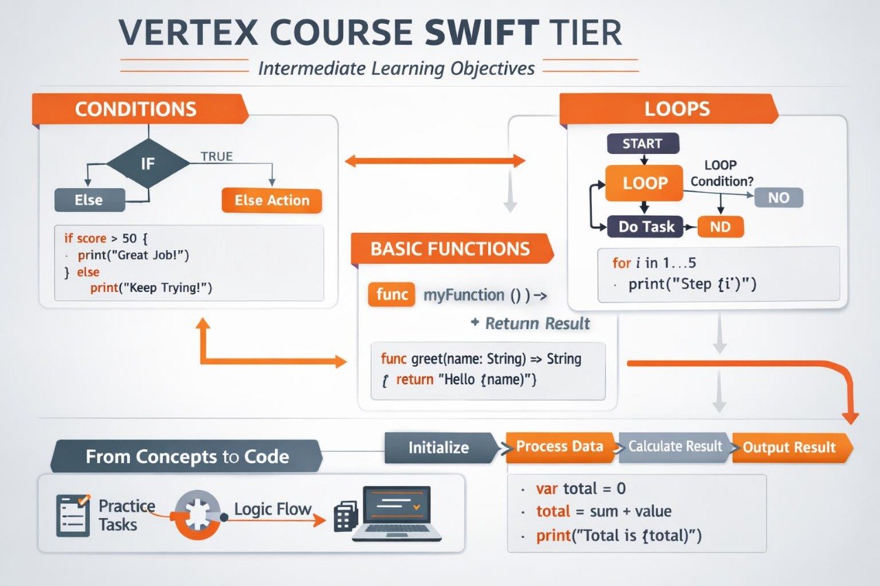 Educational diagram about Vertex Course Swift Tier with flowcharts and code examples.