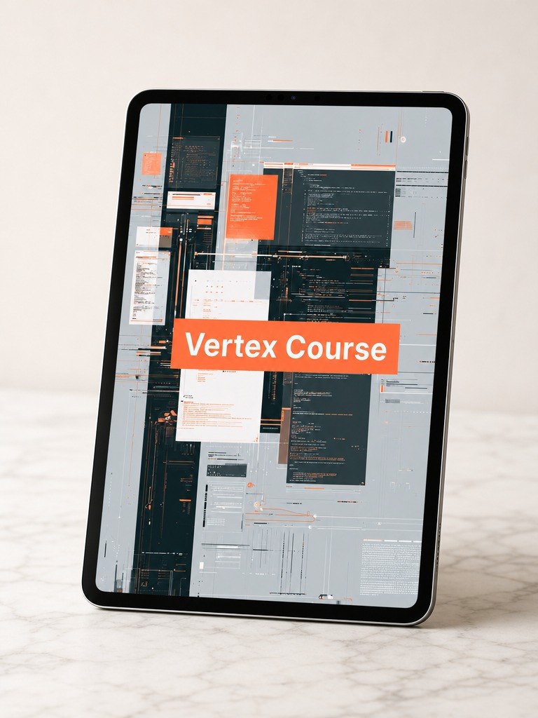 Tablet displaying a digital course interface with 'Vertex Course' text on a light background