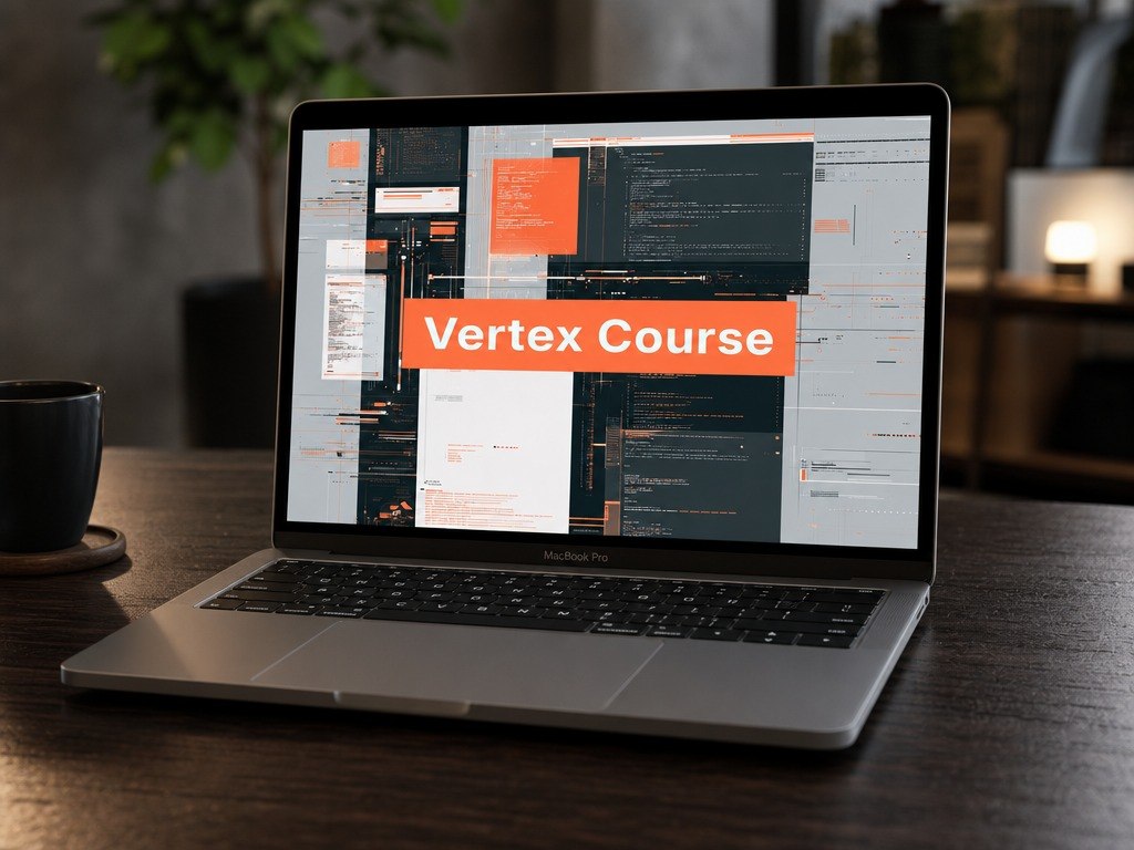 Laptop on a desk with 'Vertex Course' displayed on the screen