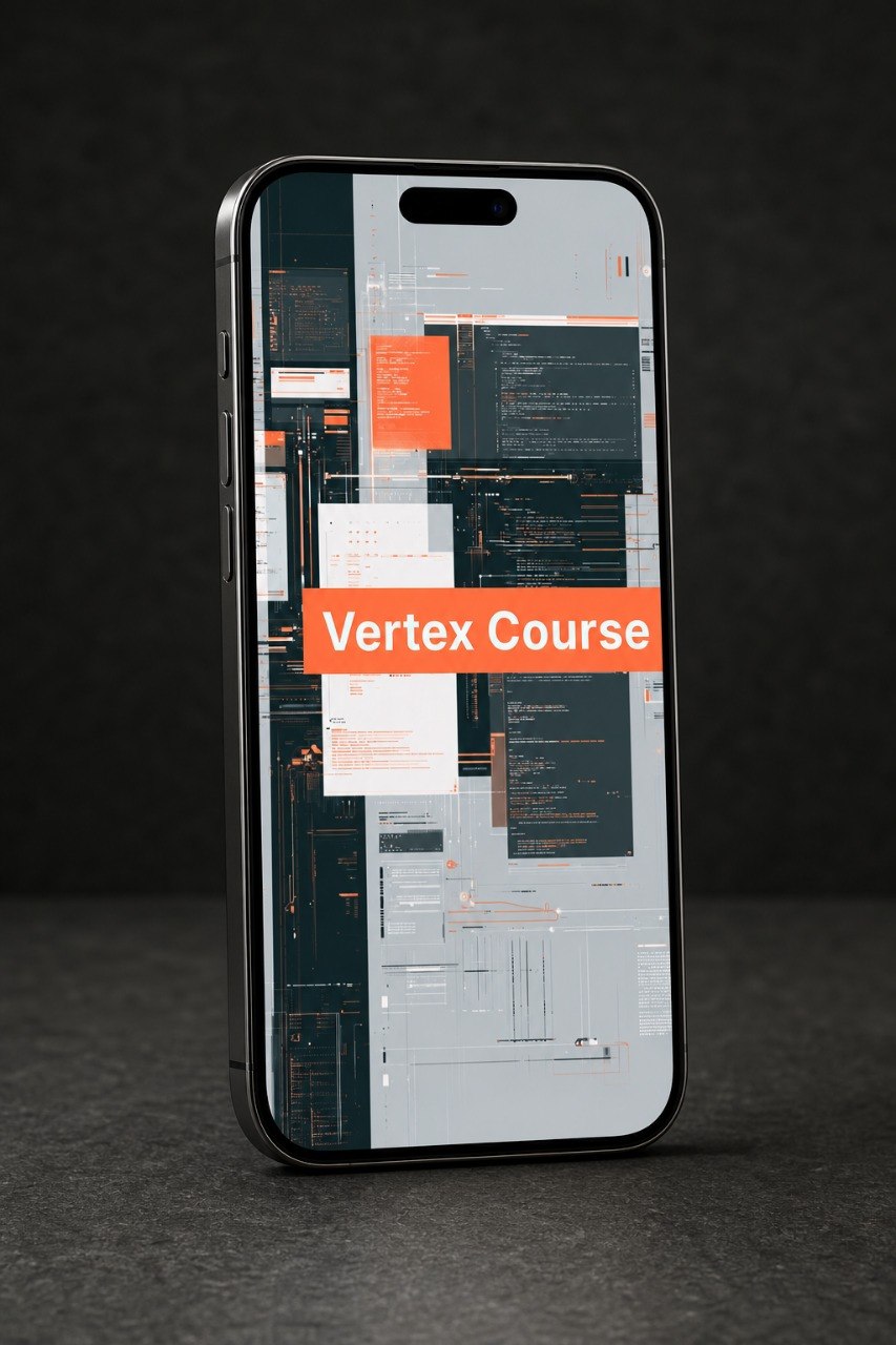 Phone screen displaying a coding interface with 'Vertex Course' text on a dark background